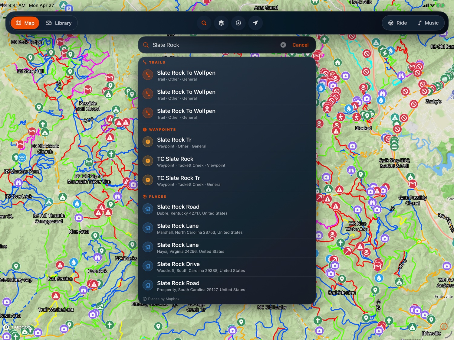 Search panel finding 'Ride Royal Blue' across trails, places, and roads