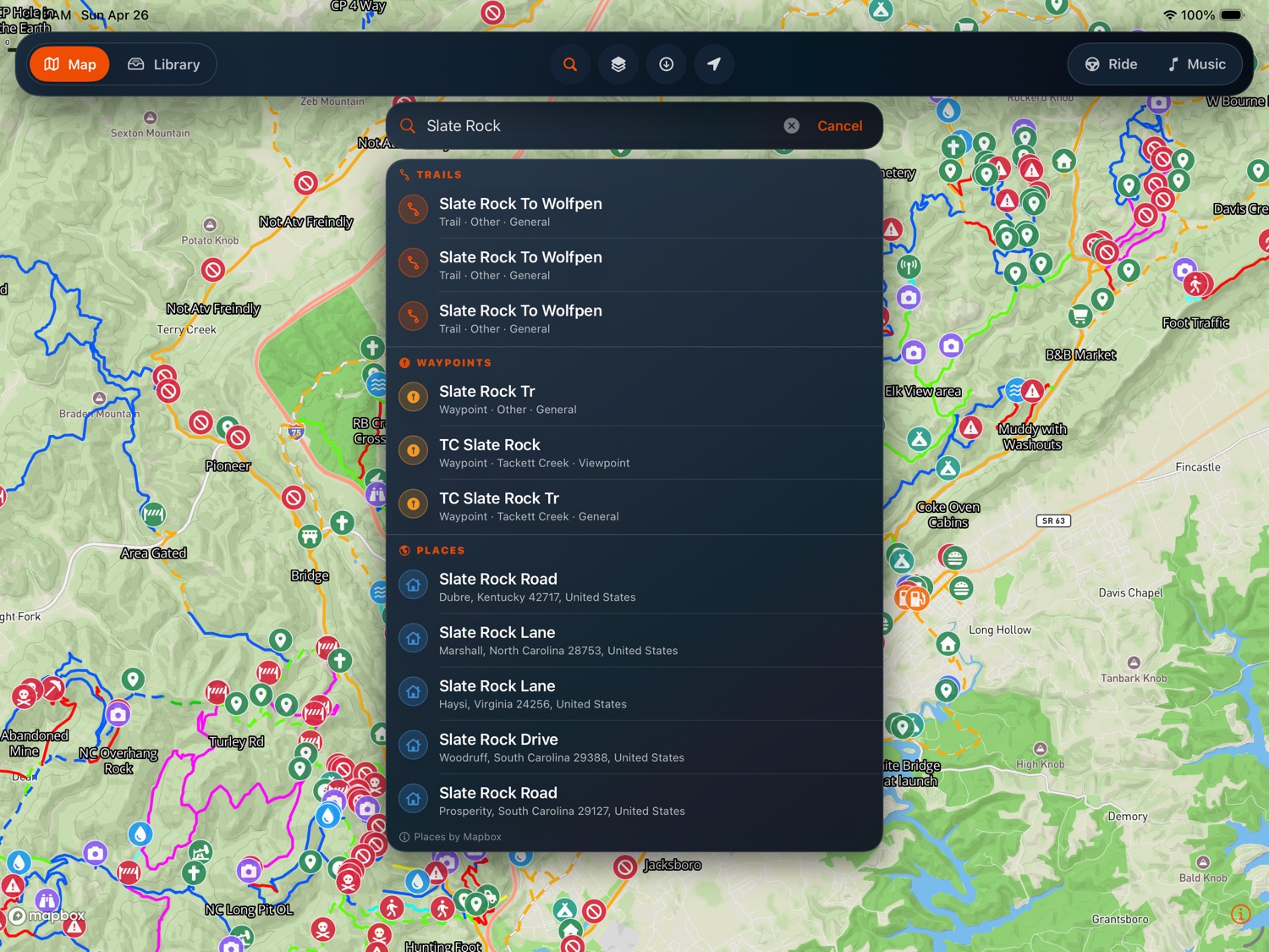Search panel finding 'Ride Royal Blue' across trails, places, and roads
