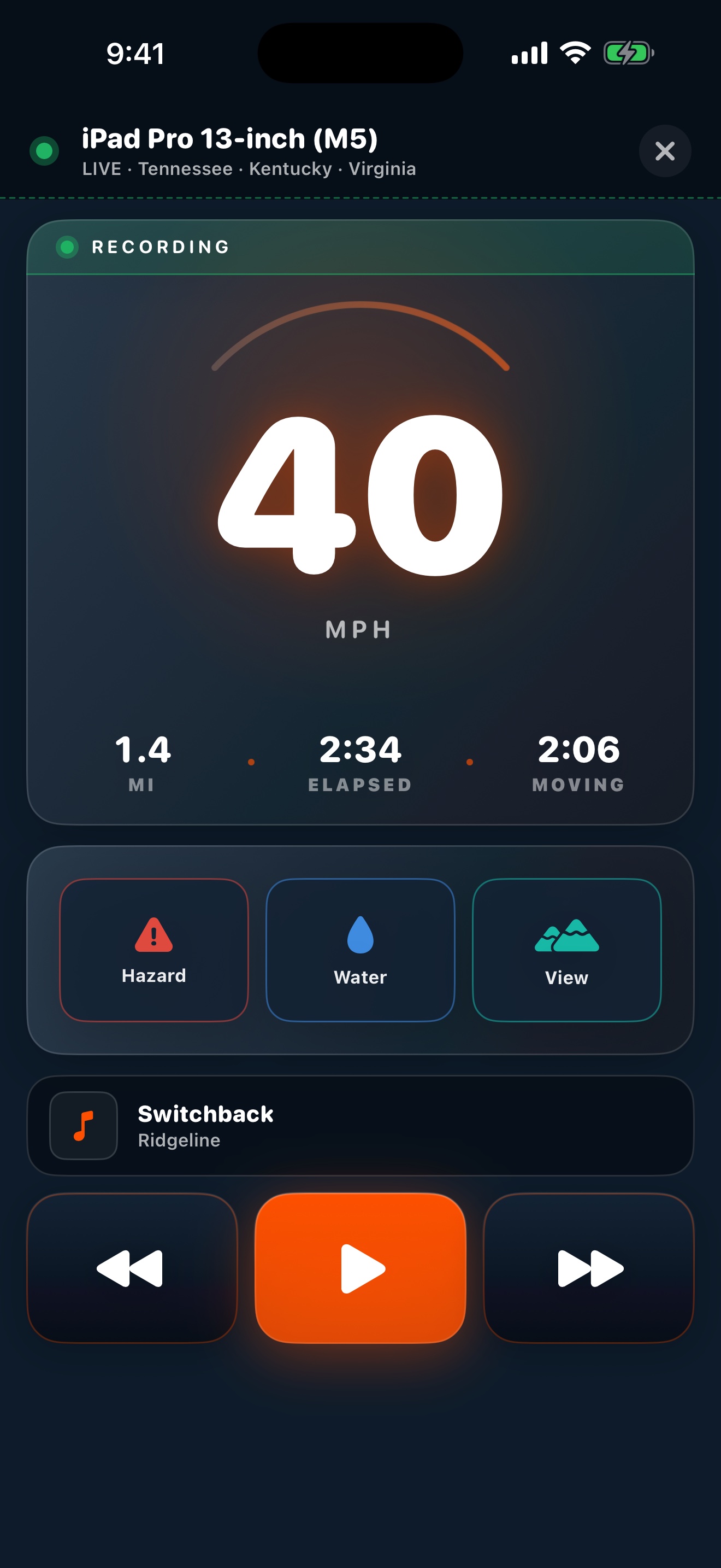 Gather Offroad iPhone in Companion Mode showing live speed of 40 MPH, 1.4 miles distance, 2:31 elapsed time, Mark Spot tiles for Hazard / Water / View, music transport, and the iPad name in the top status bar. Paired live over local Wi-Fi.