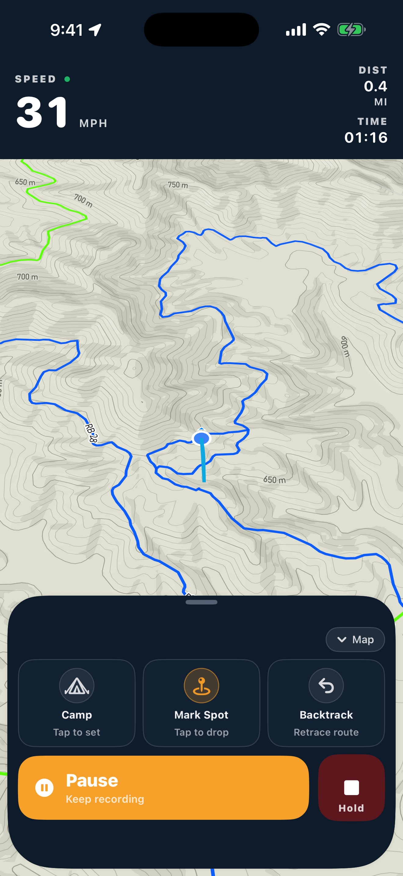 Gather Offroad on iPhone in ride mode showing live speed of 31 MPH, 0.4 miles distance, 1:16 elapsed time, and the Camp / Mark Spot / Backtrack tile row