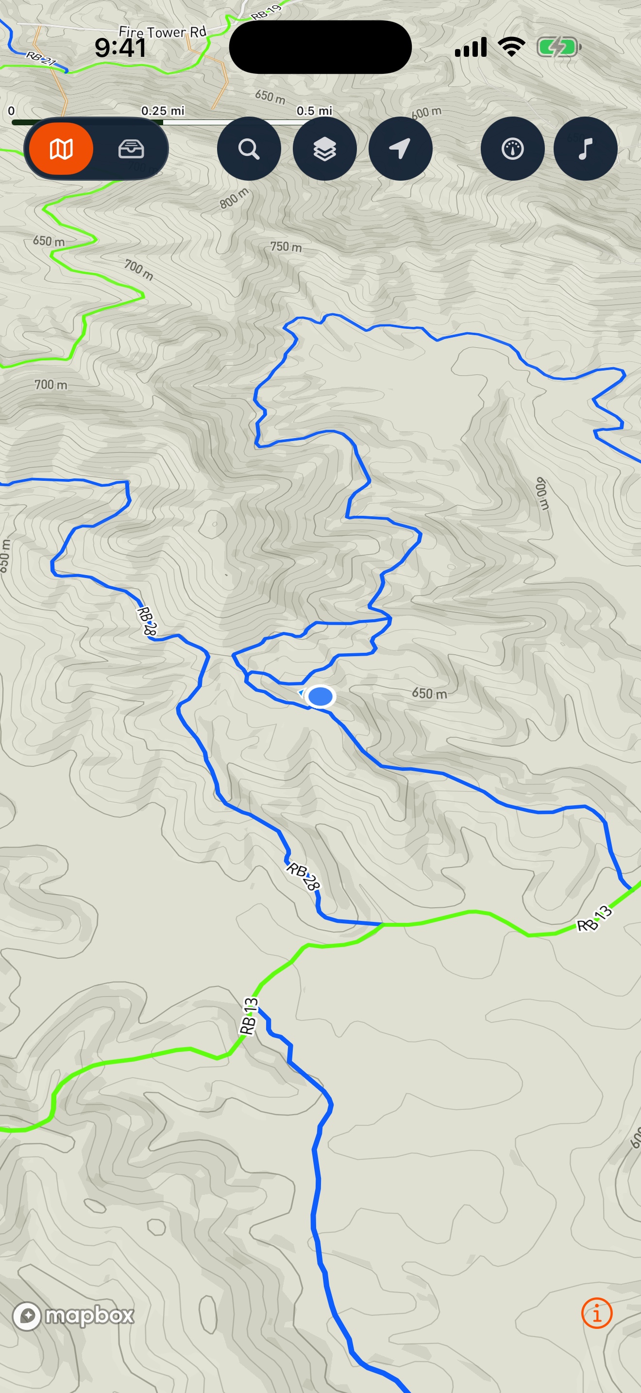Gather Offroad on iPhone showing the planning view with the WV-VA-KY trail network rendered over topographic terrain