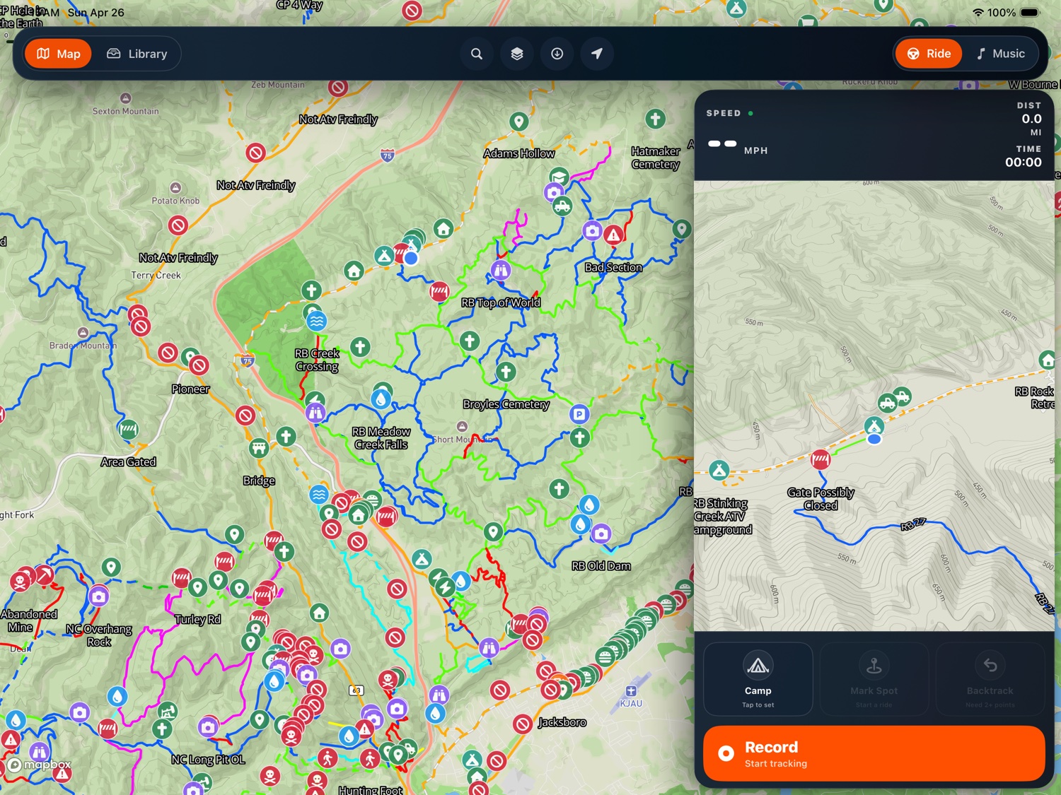 Gather Offroad Ride Mode on iPad: live speed, distance, time, mini-map, and Camp / Mark Spot / Backtrack tiles