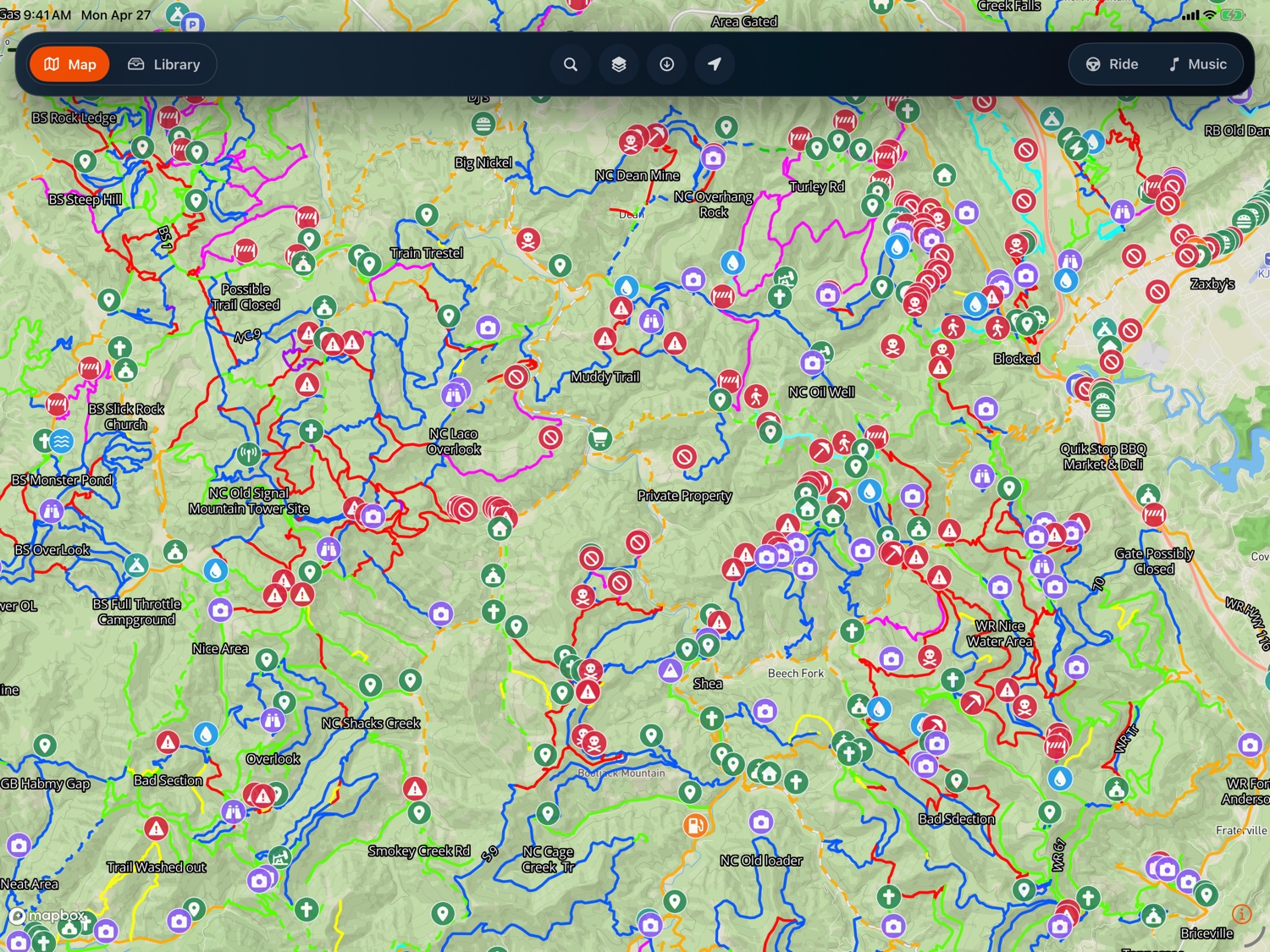 Gather Offroad on iPad showing the WV-VA-KY public-lands trail atlas with hundreds of color-coded trails and waypoints across the Royal Blue and Brimstone OHV regions